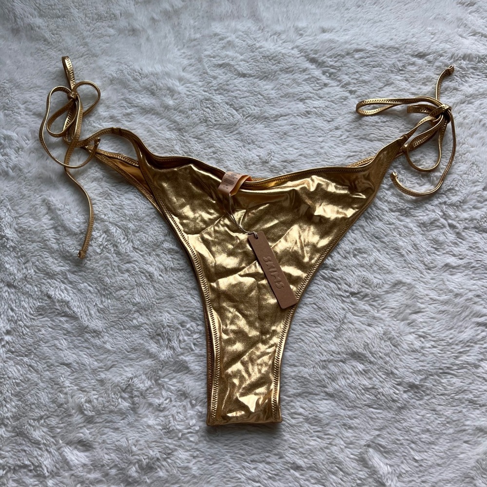 SKIMS Metallic Swim Tie Bikini Bottom Gold BB-TNG-2804 Womens 4X NEW Liquid Gold